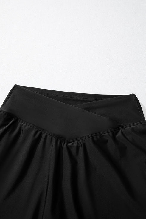 Solid Pocketed Crossover High Waist Swim Skort